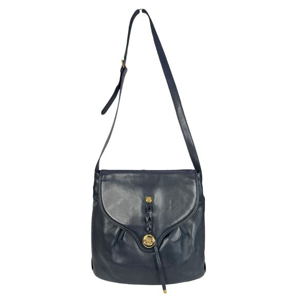 Gucci Handbags - Gucci Vintage Navy Leather Shoulder Bag Italy Gold Tone GG Hardware